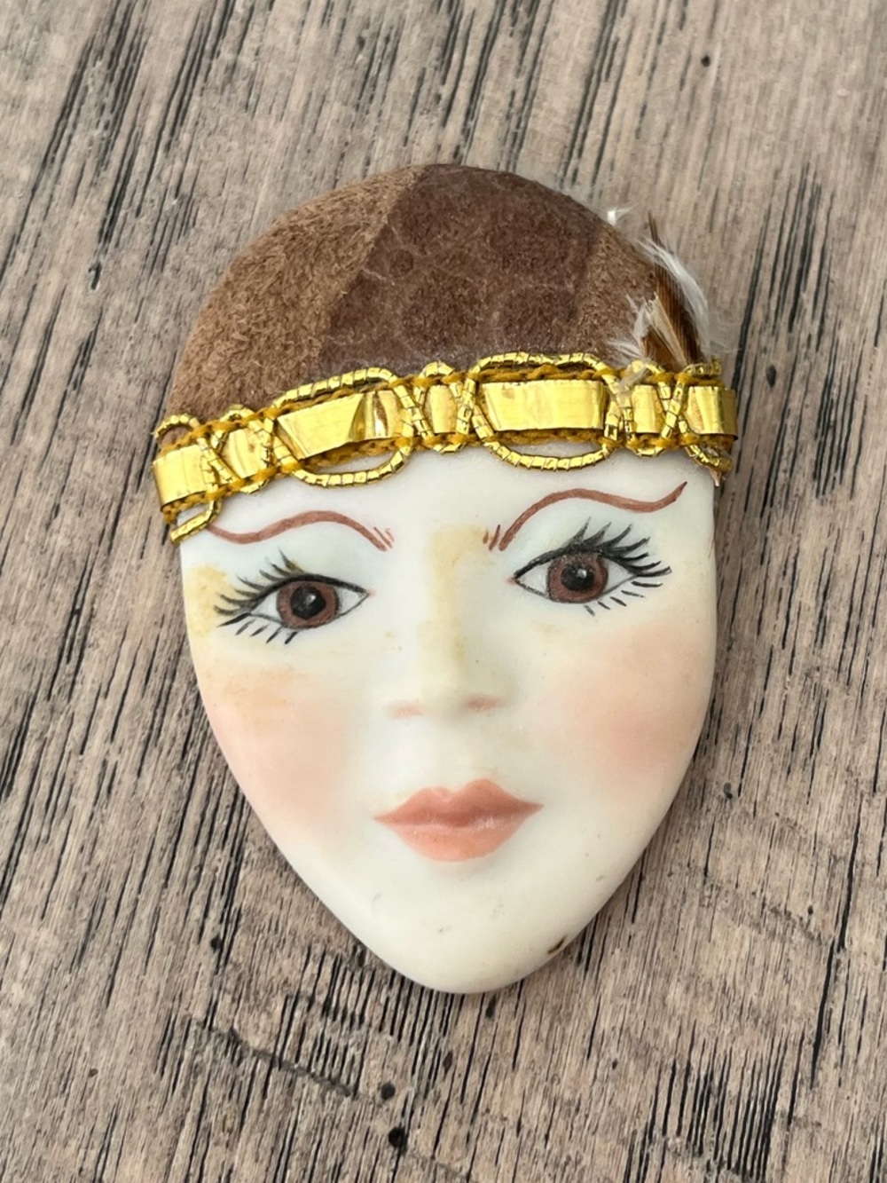 Porcelain Flapper Face Brooch with Gold Accent